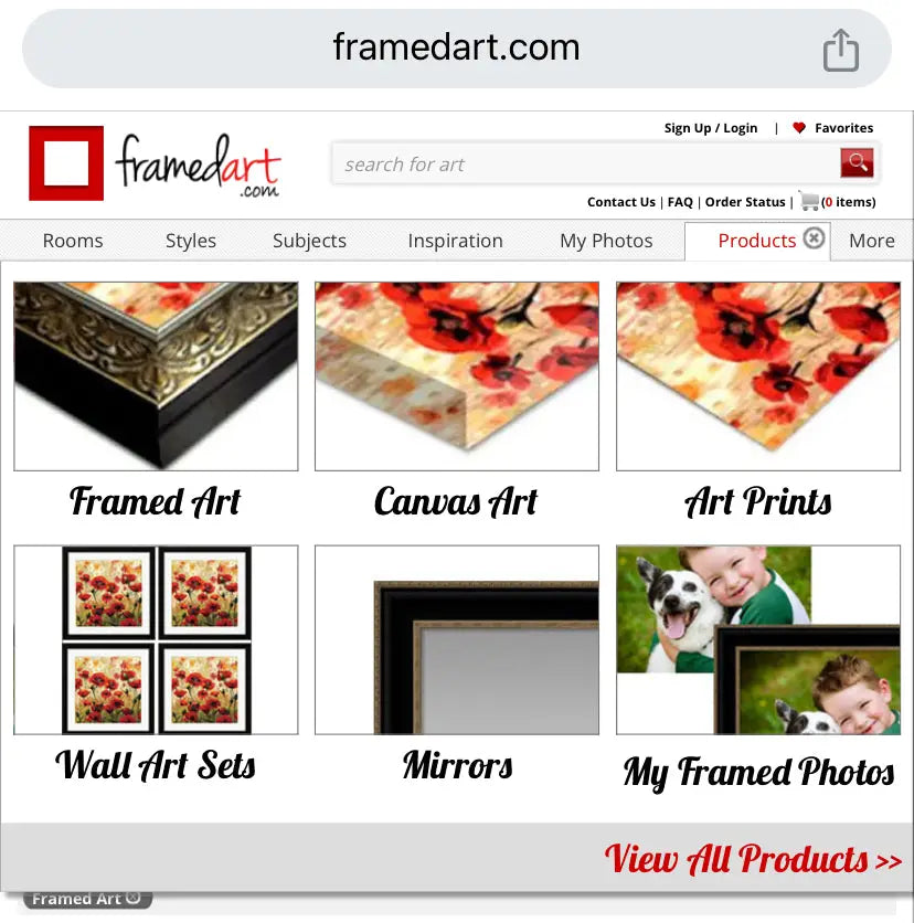 Website interface of Framedart.com highlighting online framing options over local frame shops.