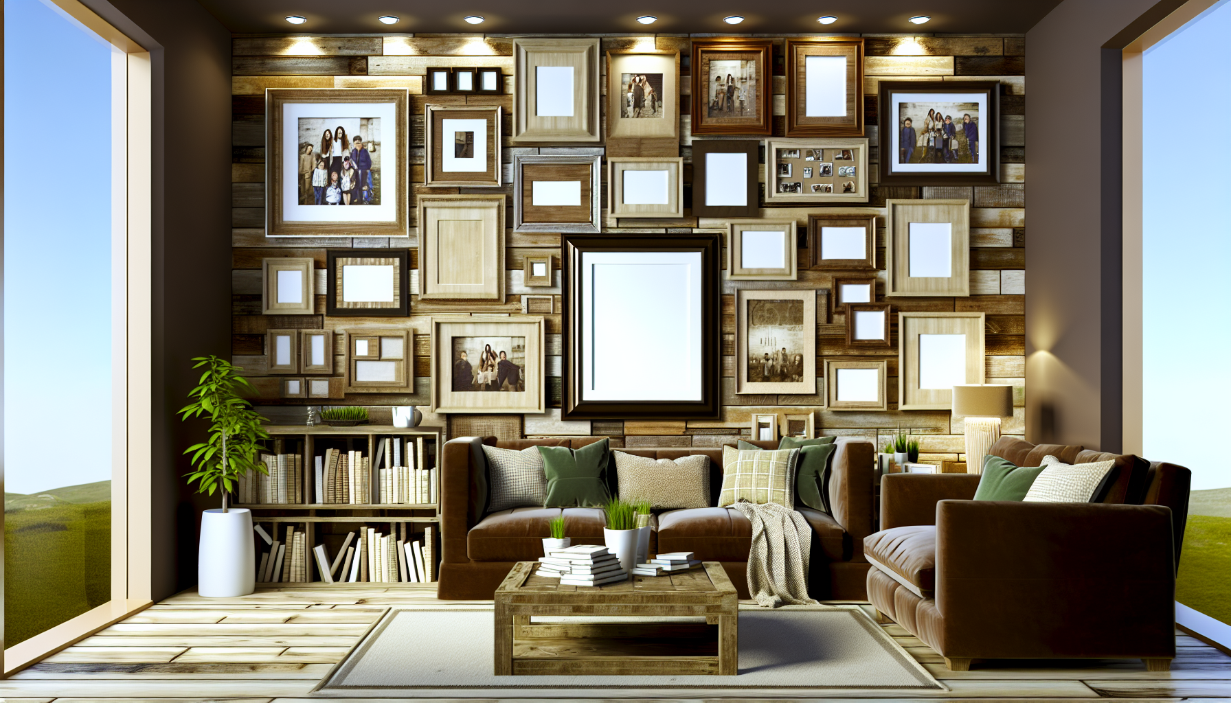 A cozy, warmly lit living room with a gallery wall of rustic wood picture frames, modern decor, and earthy tones.