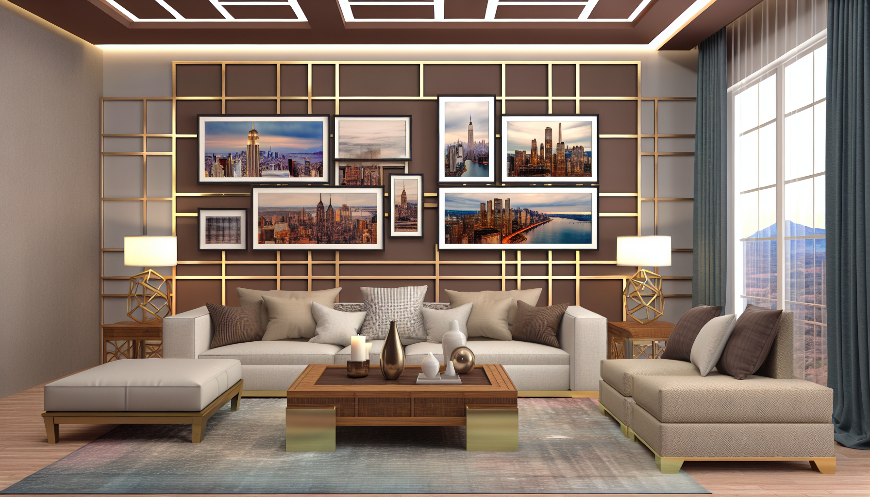 Elegant modern living room with premium picture frames and art, featuring warm wood tones and soft lighting in a New York or New Jersey setting.