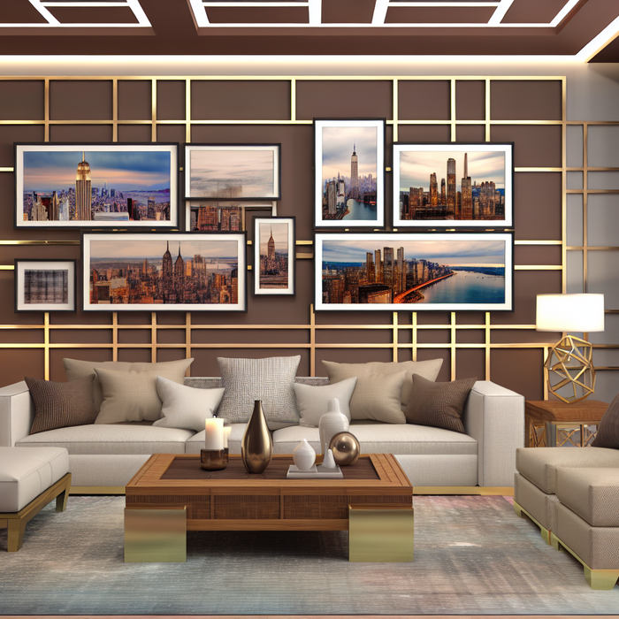 Elegant modern living room with premium picture frames and art, featuring warm wood tones and soft lighting in a New York or New Jersey setting.