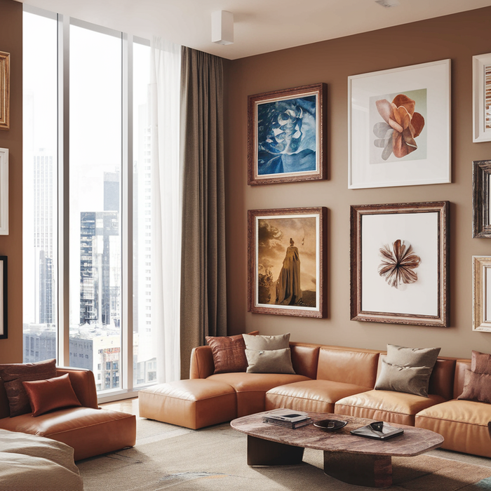 A tastefully decorated living room showcasing various premium, custom picture frames with diverse art prints on the walls.