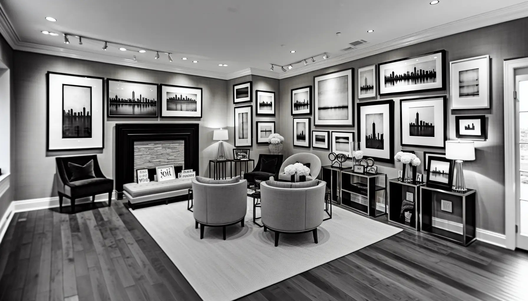 Modern interior space with black and white framed art on the walls, showcasing a variety of picture frames and canvas art.