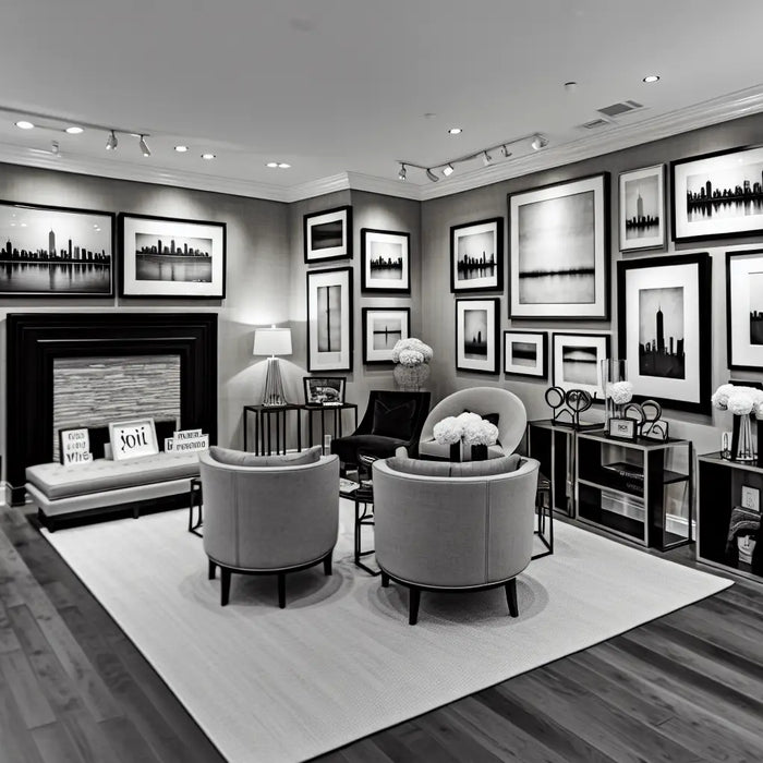 Modern interior space with black and white framed art on the walls, showcasing a variety of picture frames and canvas art.