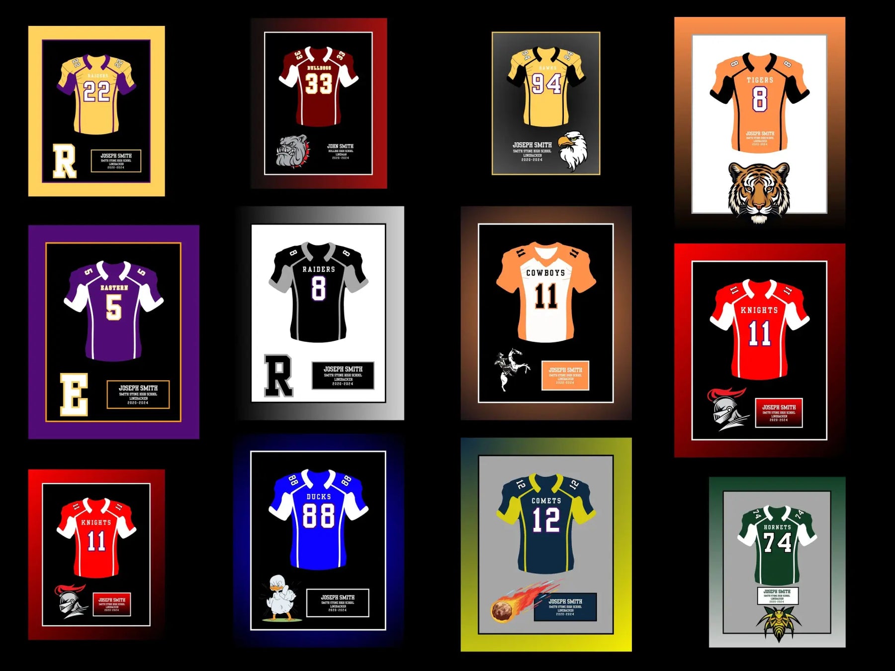 Framed sports jerseys from various teams in a grid for a high school Senior Night gift.