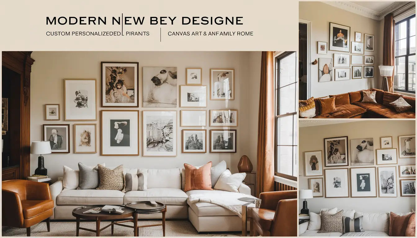 Cozy, stylish living room with custom personalized picture frames showcasing art prints, canvas art, and family photos, featuring modern and classic decor in warm, inviting colors.