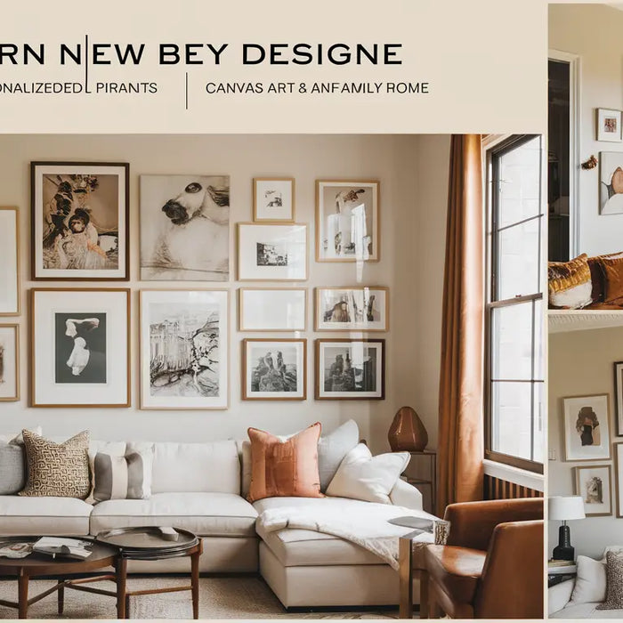 Cozy, stylish living room with custom personalized picture frames showcasing art prints, canvas art, and family photos, featuring modern and classic decor in warm, inviting colors.