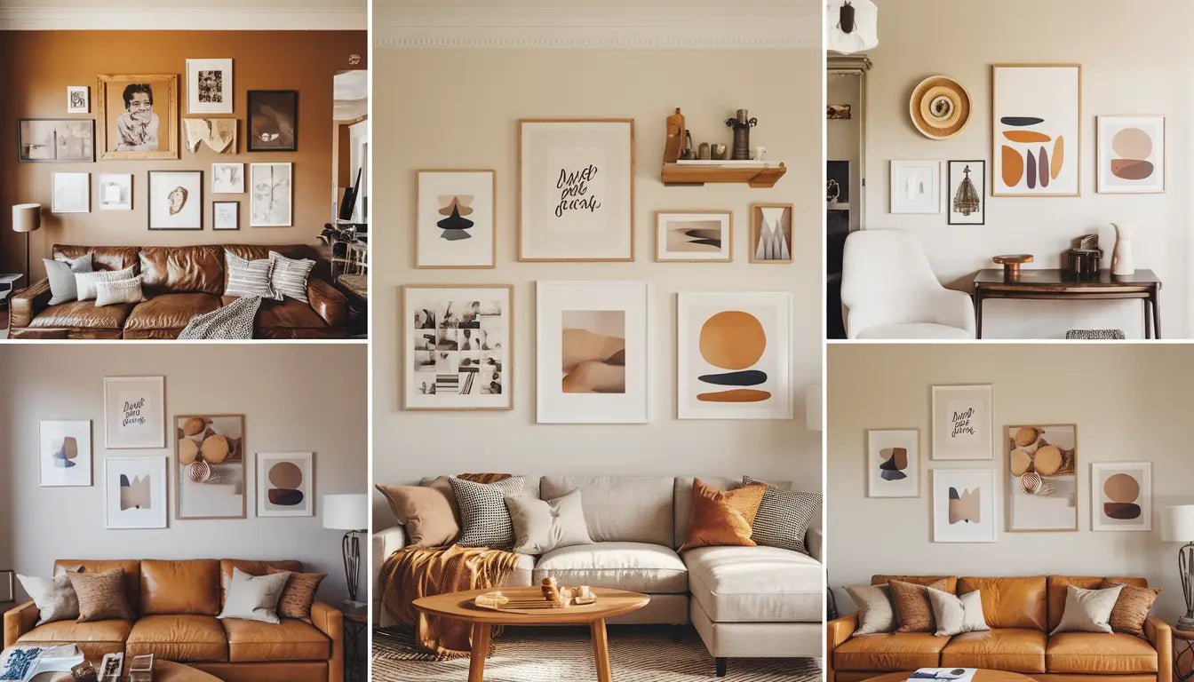 A beautifully decorated living room wall featuring various picture frames, wall art, art prints, and canvas art in a modern, elegant home.