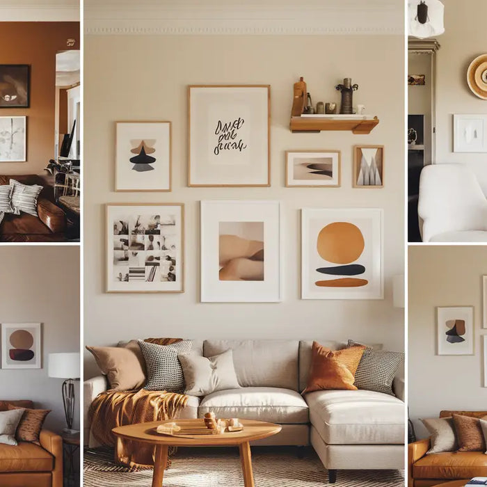 A beautifully decorated living room wall featuring various picture frames, wall art, art prints, and canvas art in a modern, elegant home.