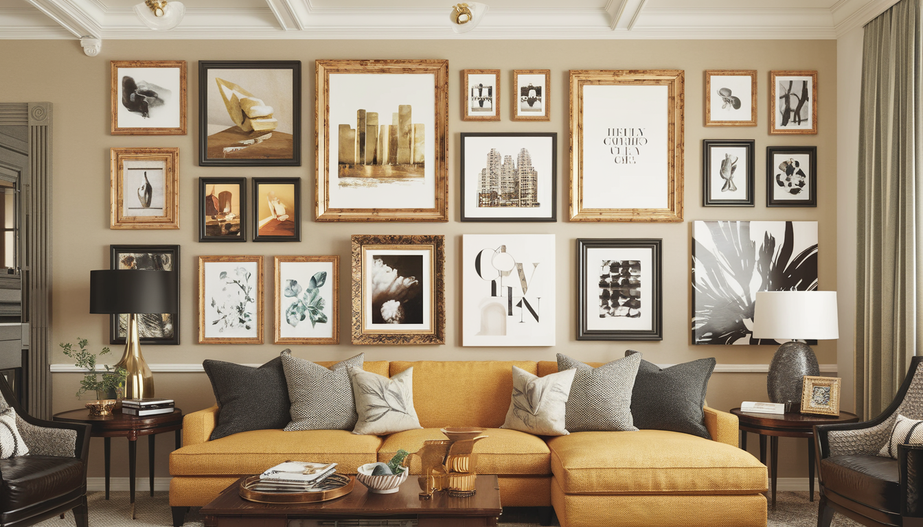 Modern living room with a gallery wall featuring large gold and black picture frames displaying various art prints.