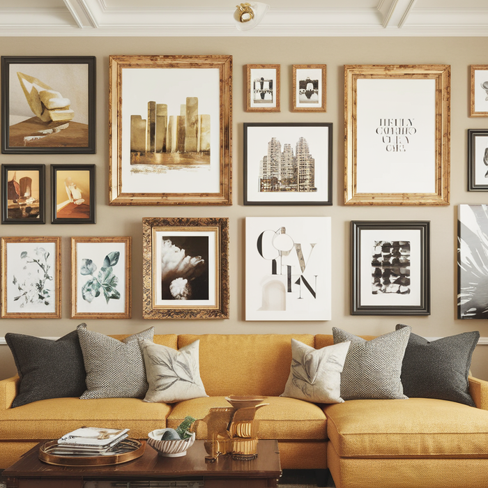 Modern living room with a gallery wall featuring large gold and black picture frames displaying various art prints.