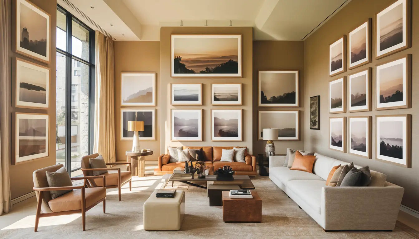 Modern living room with landscape artwork in custom frames, natural light, and warm, earthy tones.