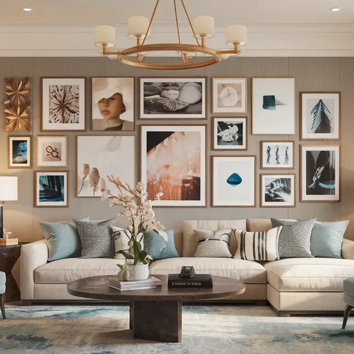 Modern, stylish living room with an elegant gallery wall featuring premium picture frames and art, warm lighting, and tasteful furnishings in a New York or New Jersey home.