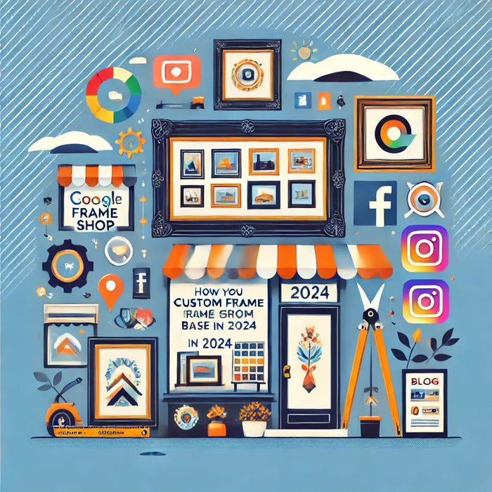 Collage of social media icons and devices showcasing custom framing for picture frame shops