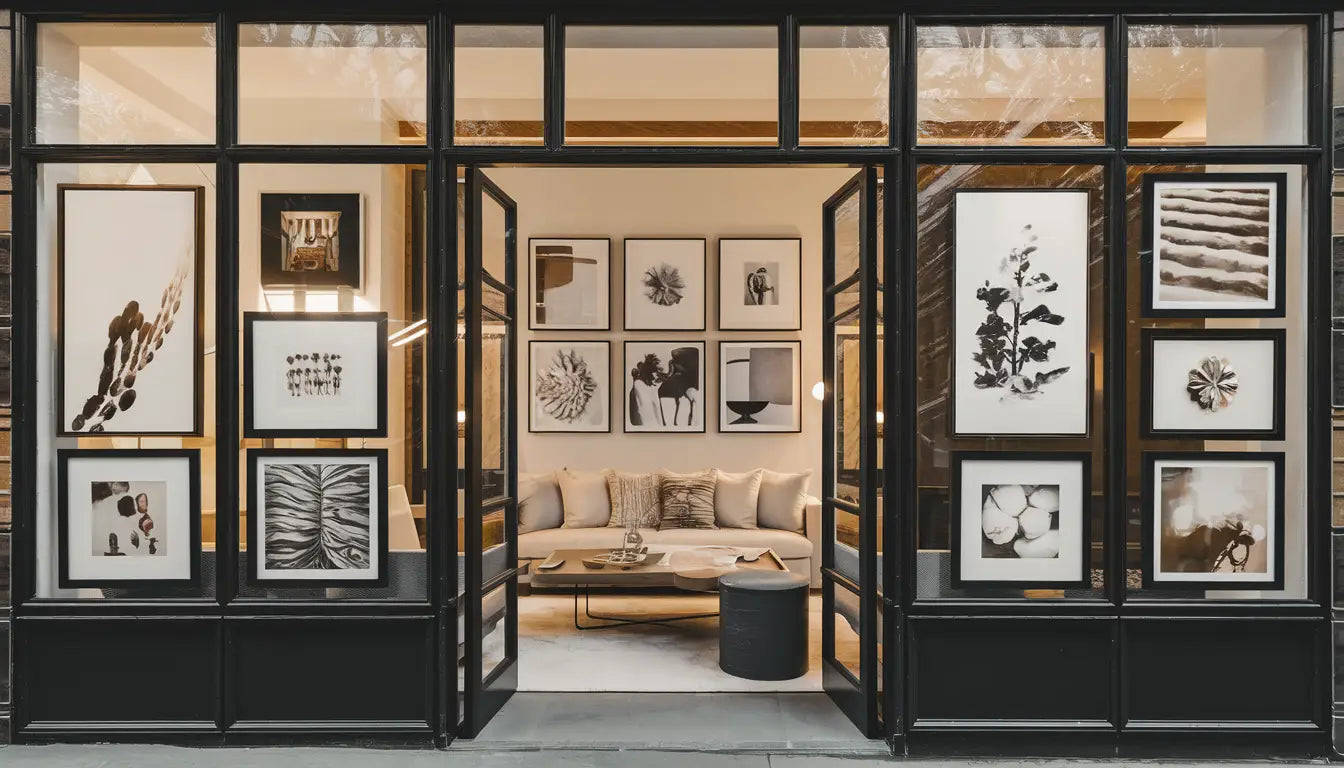 Modern, elegant home or office interior with large black picture frames on the walls, showcasing various art pieces in a warm and inviting setting.