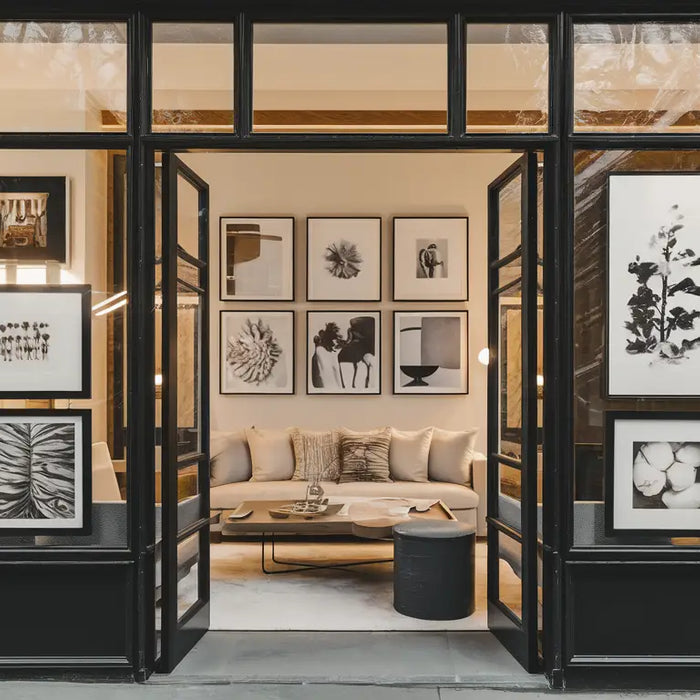 Modern, elegant home or office interior with large black picture frames on the walls, showcasing various art pieces in a warm and inviting setting.