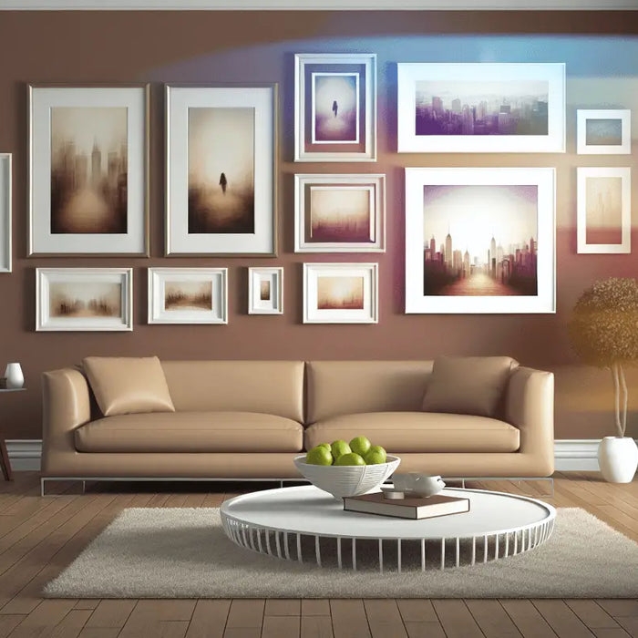 Modern beige sofa with a gallery wall showcasing stylish modern wall art.