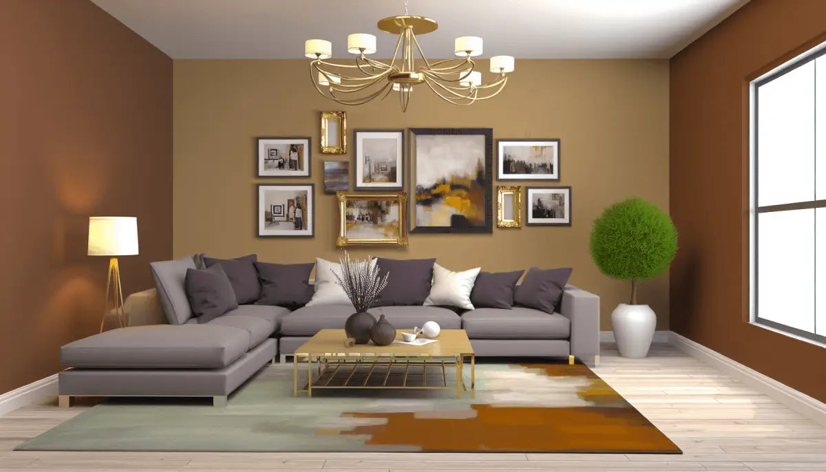 Gray L-shaped sectional sofa adorned with throw pillows, perfect for framed canvas paintings.