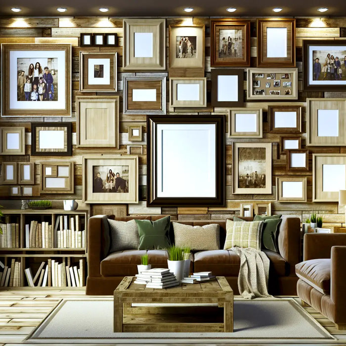 A cozy, warmly lit living room with a gallery wall of rustic wood picture frames, modern decor, and earthy tones.