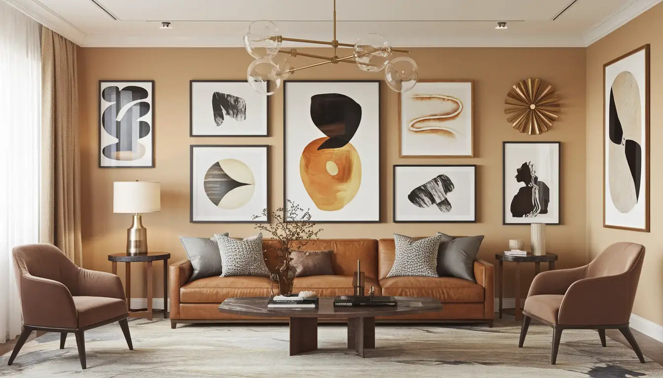 A modern, abstract art scene in a sophisticated living room with elegant picture frames and contemporary furnishings.