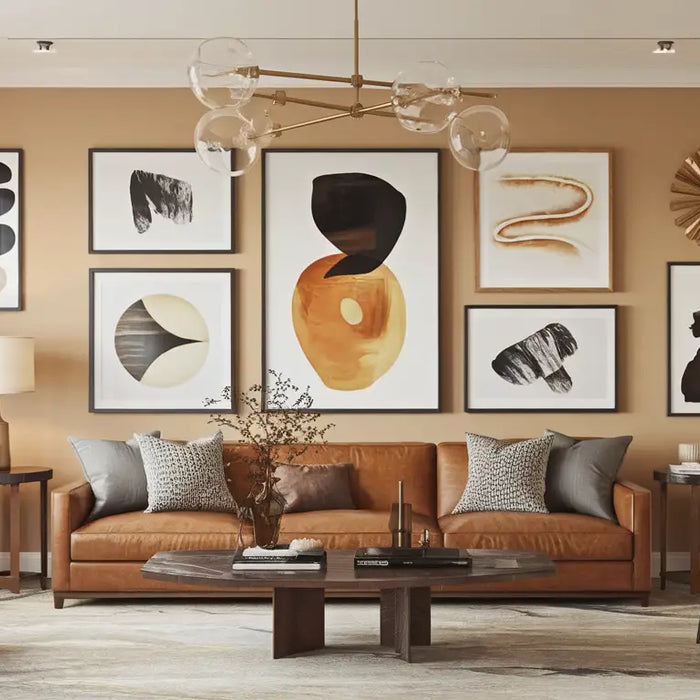 A modern, abstract art scene in a sophisticated living room with elegant picture frames and contemporary furnishings.