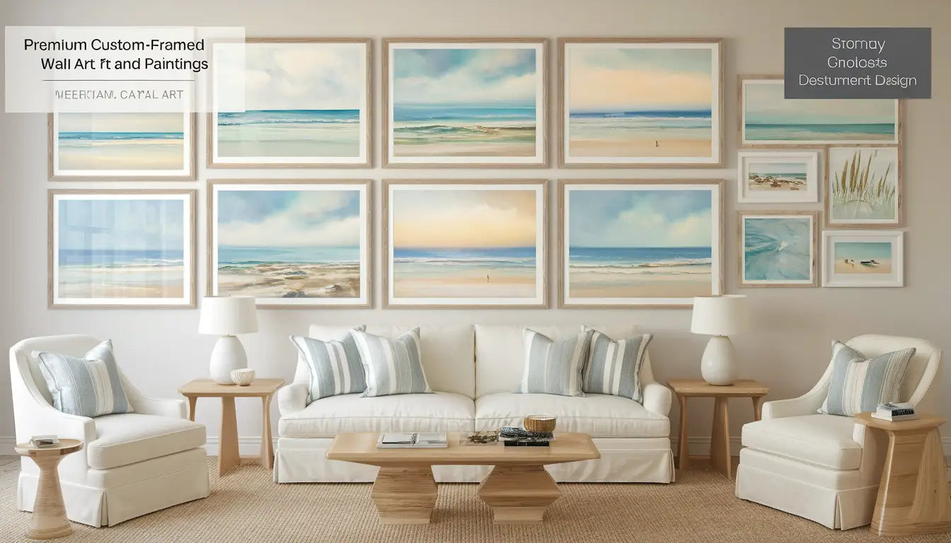 A serene, modern living room with beach-themed wall art and premium custom-framed prints in a New York or New Jersey home.