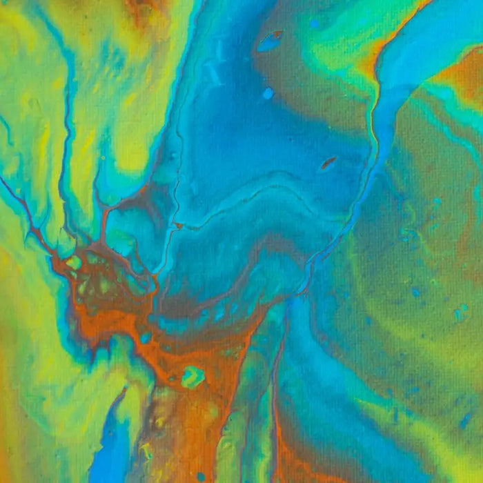 Abstract fluid painting in blue, green, and orange for stunning wall art inspiration.