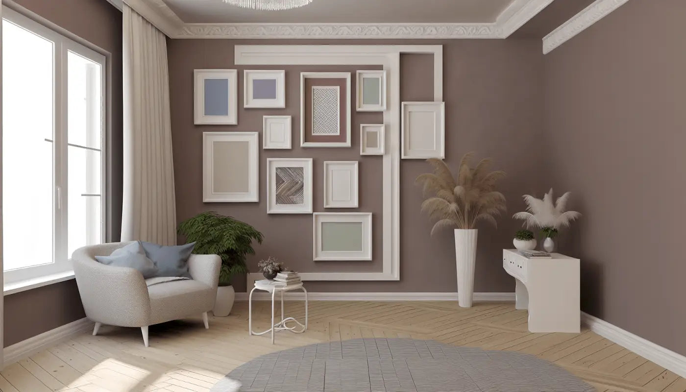 Gallery wall with multiple empty white picture frames arranged on a brown wall.