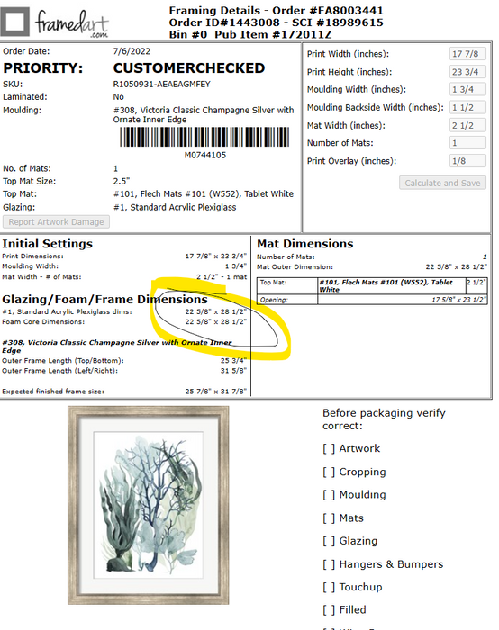 Order #FA8003441 - FramedArt.com Replacement frames would be 94$ each&nbsp;