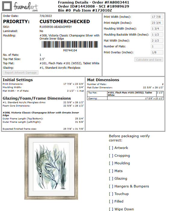 Order #FA8003441 - FramedArt.com Replacement frames would be 94$ each&nbsp;