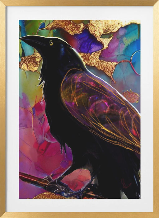 Raven with Pink and Gold Framed Art Modern Wall Decor