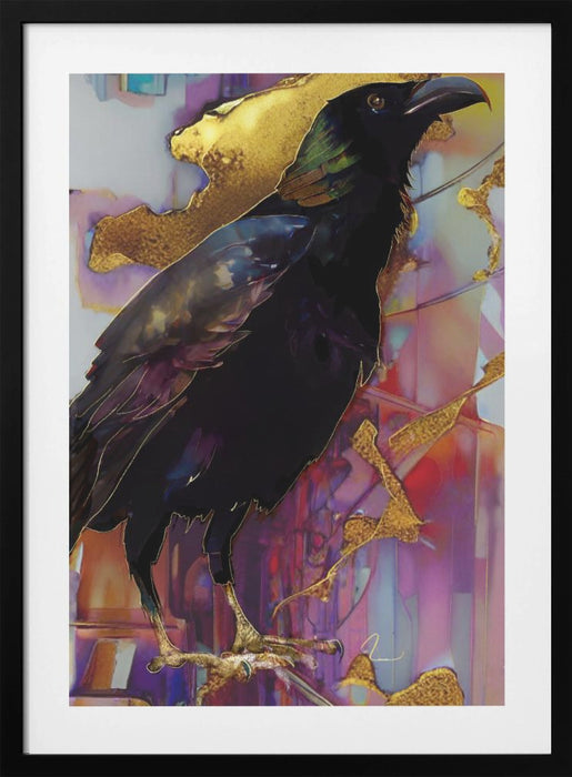 Raven with Pink and Gold Framed Art Modern Wall Decor