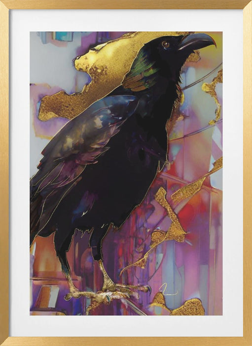 Raven with Pink and Gold Framed Art Modern Wall Decor