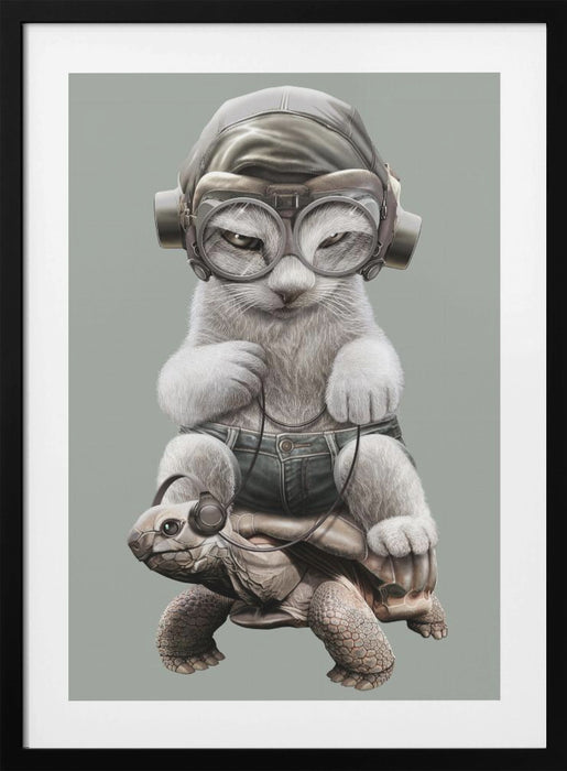 CAT RIDING TORTOISE Framed Art Wall Decor