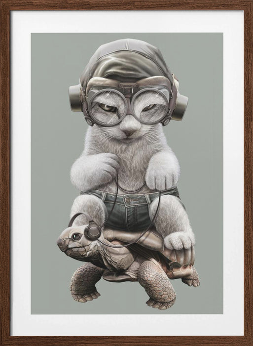 CAT RIDING TORTOISE Framed Art Wall Decor