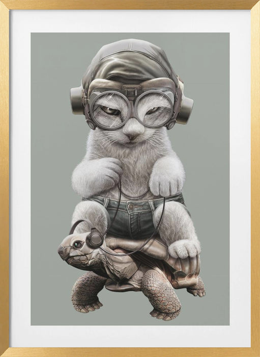 CAT RIDING TORTOISE Framed Art Wall Decor