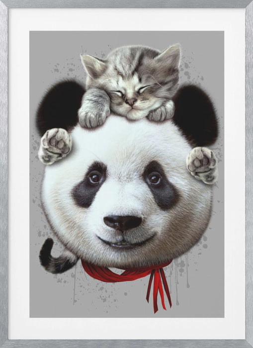 cat on panda bear Framed Art Wall Decor