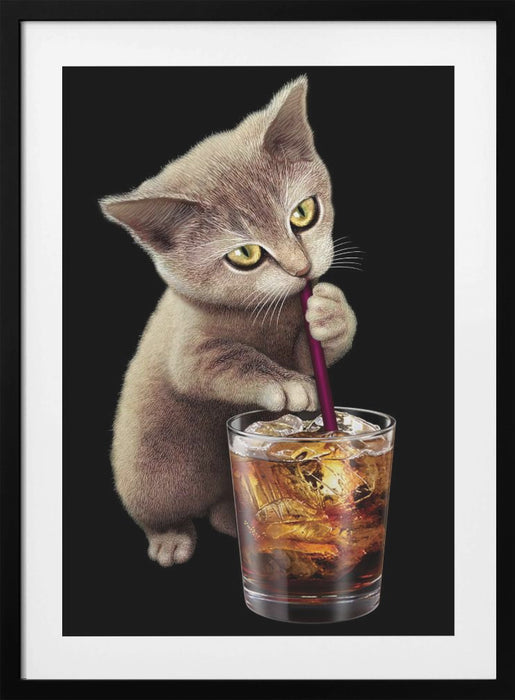 cat and soft drink Framed Art Wall Decor