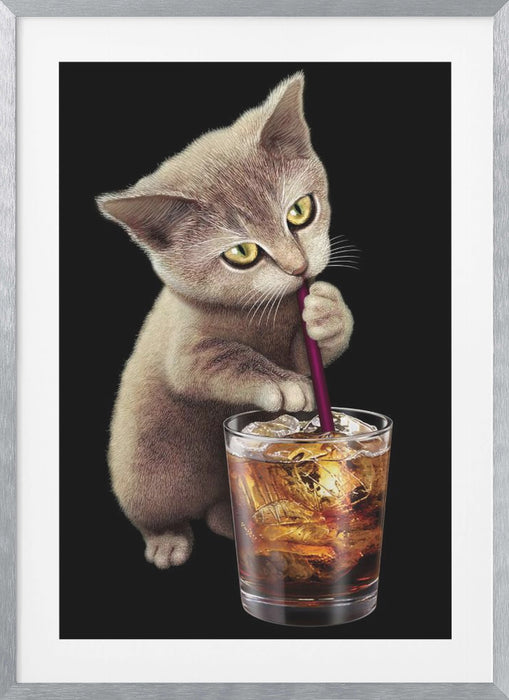 cat and soft drink Framed Art Wall Decor