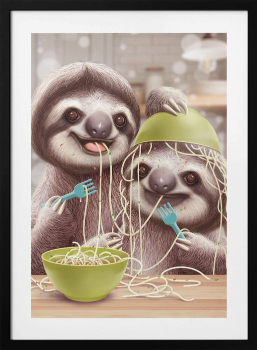 YOUNG SLOTH EATING SPAGETTI Framed Art Modern Wall Decor