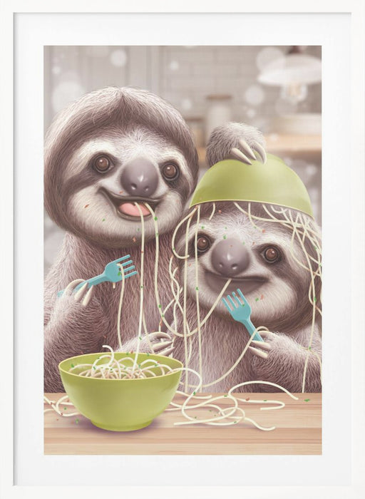 YOUNG SLOTH EATING SPAGETTI Framed Art Modern Wall Decor