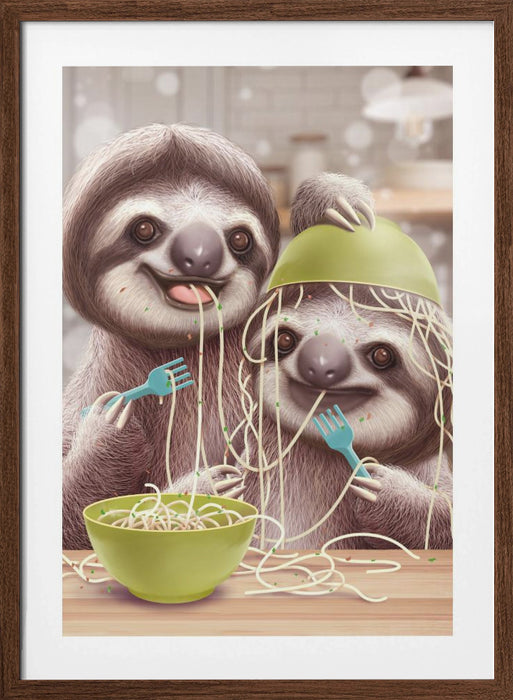 YOUNG SLOTH EATING SPAGETTI Framed Art Modern Wall Decor