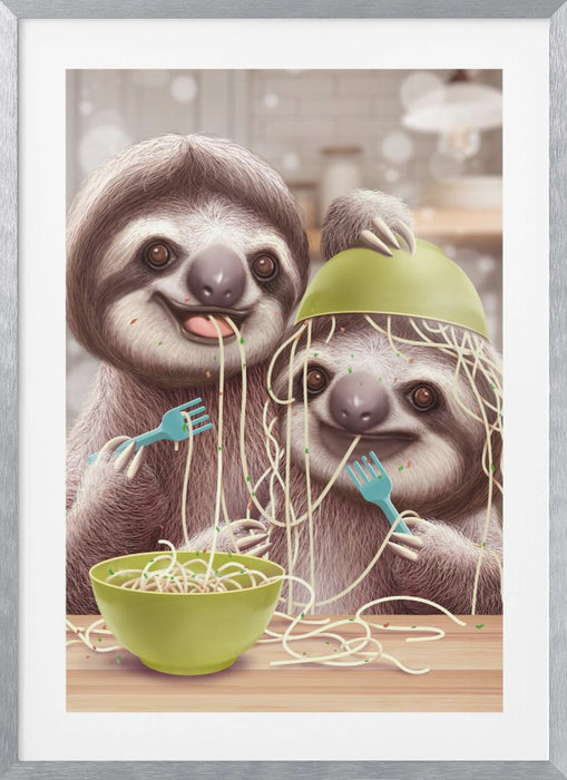 YOUNG SLOTH EATING SPAGETTI Framed Art Modern Wall Decor