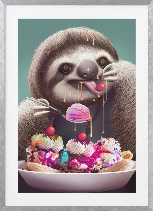 SLOTH ENJOYING ICE CREAM Framed Art Modern Wall Decor