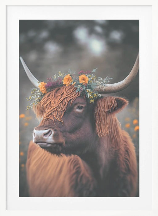 Highland Cow With Flowers Framed Art Modern Wall Decor