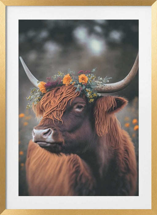 Highland Cow With Flowers Framed Art Modern Wall Decor