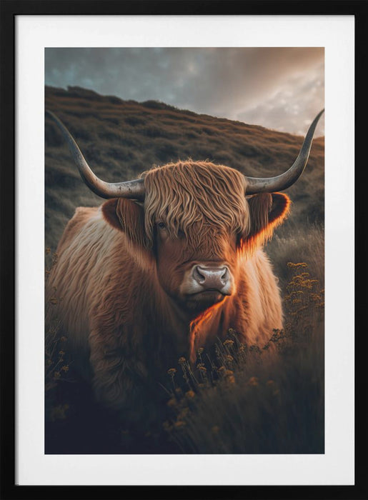 Highland Cow With Big Horns Framed Art Modern Wall Decor