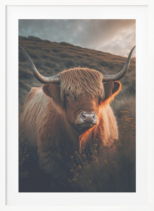 Highland Cow With Big Horns Framed Art Modern Wall Decor