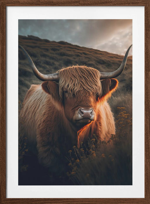 Highland Cow With Big Horns Framed Art Modern Wall Decor