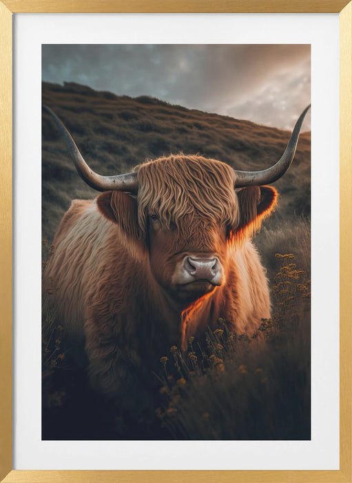 Highland Cow With Big Horns Framed Art Modern Wall Decor