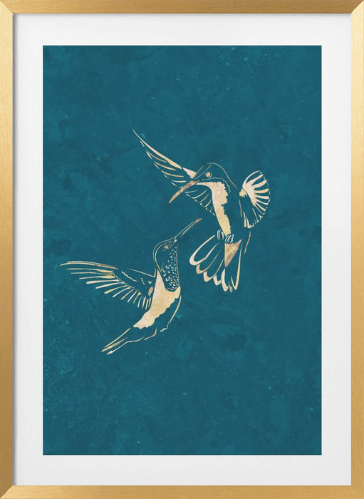 Gold Hummingbird Line art Silhouettes 3 Framed Art Wall Decor